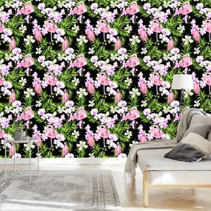 Papier Peint Pour Le Salon Flamants Roses Fleurs Feuilles Verdure – Image 3