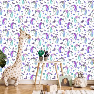 Papier Peint Pour Les Enfants - Licornes Et Papillons Sur Fond D'étoiles – Image 5