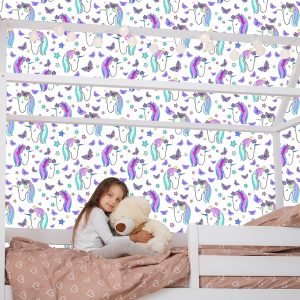 Papier Peint Pour Les Enfants - Licornes Et Papillons Sur Fond D'étoiles – Image 7