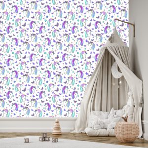 Papier Peint Pour Les Enfants - Licornes Et Papillons Sur Fond D'étoiles – Image 3