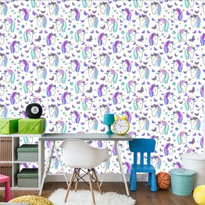 Papier Peint Pour Les Enfants - Licornes Et Papillons Sur Fond D'étoiles – Image 4