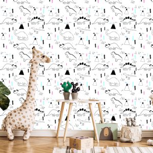 Papier Peint Pour Les Enfants Dinosaures Nuages ​​Arbres – Image 5