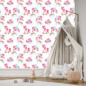 Papier Peint Pour Les Enfants - Licornes Sur Fond D'étoiles Et Arc-En-Ciel – Image 3