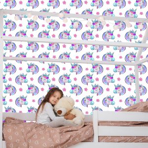 Papier Peint Pour Les Enfants - Licornes Endormies Sur Fond De Fleurs – Image 7