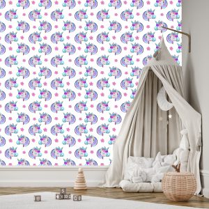 Papier Peint Pour Les Enfants - Licornes Endormies Sur Fond De Fleurs – Image 3