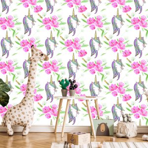 Papier Peint Pour Les Enfants - Licornes Endormies Sur Fond De Fleurs – Image 5
