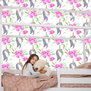 Papier Peint Pour Les Enfants - Licornes Endormies Sur Fond De Fleurs – Image 7