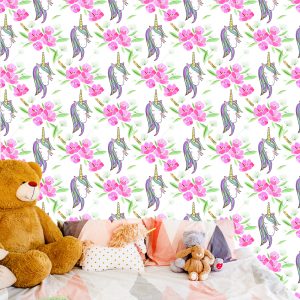 Papier Peint Pour Les Enfants - Licornes Endormies Sur Fond De Fleurs – Image 6