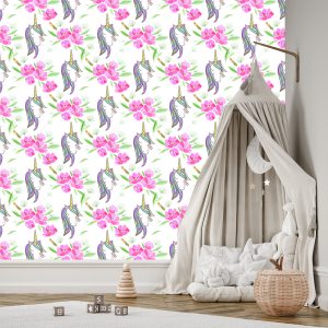Papier Peint Pour Les Enfants - Licornes Endormies Sur Fond De Fleurs – Image 3