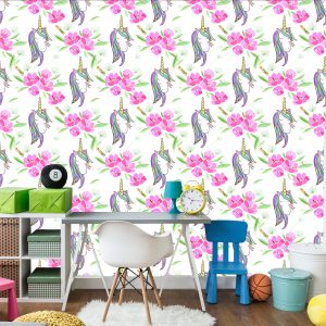 Papier Peint Pour Les Enfants - Licornes Endormies Sur Fond De Fleurs – Image 4
