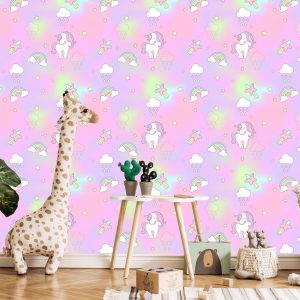 Papier Peint Pour Les Enfants - Licornes Colorées Sur Fond D'étoiles Et De Nuages – Image 5