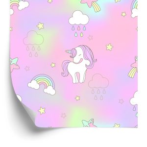 Papier Peint Pour Les Enfants - Licornes Colorées Sur Fond D'étoiles Et De Nuages – Image 2