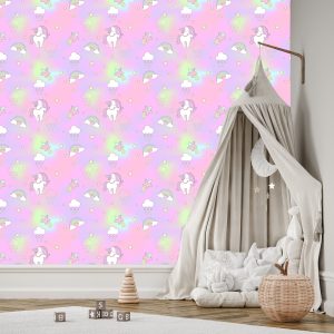Papier Peint Pour Les Enfants - Licornes Colorées Sur Fond D'étoiles Et De Nuages – Image 3
