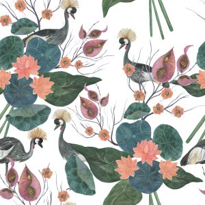 Papier Peint Grues Parmi Les Fleurs – Image 1