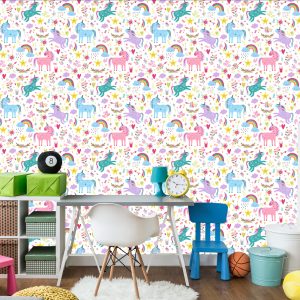 Papier Peint Pour Les Enfants - Licornes Arc-En-Ciel De Style Scandinave – Image 4