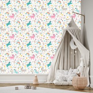 Papier Peint Pour Les Enfants - Licornes Colorées Au Style Scandinave – Image 3