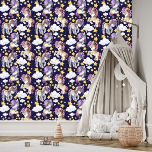 Papier Peint Dans Les Nuages ​​De Licornes Pour Les Filles – Image 3