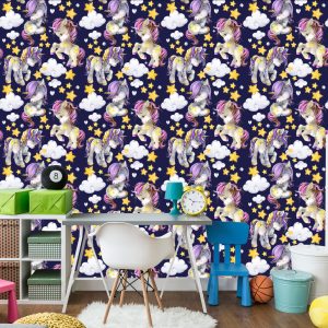 Papier Peint Dans Les Nuages ​​De Licornes Pour Les Filles – Image 4