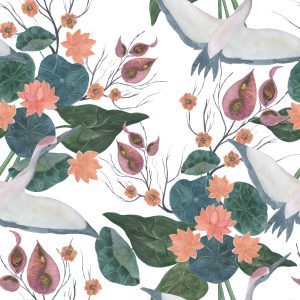 Papier Peint Grues Volantes Et Fleurs – Image 1