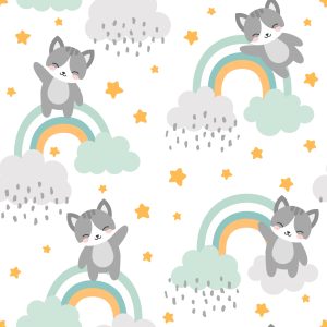 Papier Peint Pour Les Enfants - Chatons, Nuages ​​Et Étoiles – Image 1