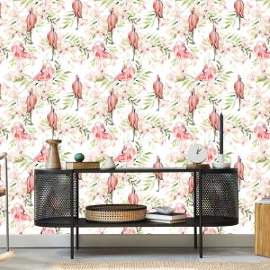 Papier Peint Avec Des Feuilles De Fleurs De Flamants Roses Pour La Chambre – Image 5