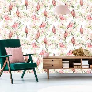 Papier Peint Avec Des Feuilles De Fleurs De Flamants Roses Pour La Chambre – Image 6