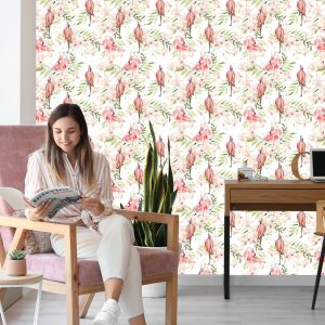 Papier Peint Avec Des Feuilles De Fleurs De Flamants Roses Pour La Chambre – Image 7
