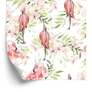 Papier Peint Avec Des Feuilles De Fleurs De Flamants Roses Pour La Chambre – Image 2