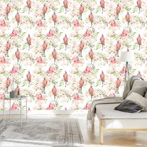 Papier Peint Avec Des Feuilles De Fleurs De Flamants Roses Pour La Chambre – Image 3
