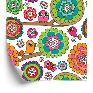 Papier Peint Pour Fille Aux Oiseaux Arbre Fleurs – Image 2