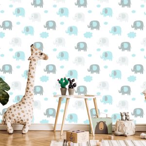 Papier Peint Pour Garçon Pastel Éléphants Pointillés Nuages – Image 5