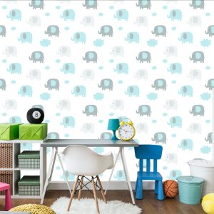 Papier Peint Pour Garçon Pastel Éléphants Pointillés Nuages – Image 4