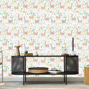 Papier Peint Pour Une Chambre De Bébé Lama, Des Fleurs D'animaux – Image 5