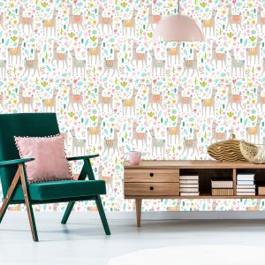 Papier Peint Pour Une Chambre De Bébé Lama, Des Fleurs D'animaux – Image 6
