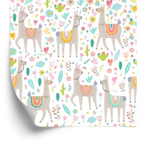 Papier Peint Pour Une Chambre De Bébé Lama, Des Fleurs D'animaux – Image 2
