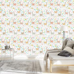 Papier Peint Pour Une Chambre De Bébé Lama, Des Fleurs D'animaux – Image 3