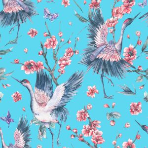 Papier Peint Grues, Papillons Et Fleurs – Image 1
