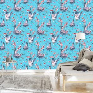 Papier Peint Grues, Papillons Et Fleurs – Image 3
