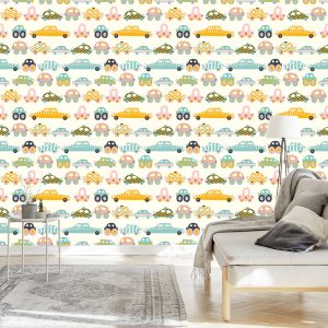 Papier Peint Pour Les Enfants - Petites Voitures Colorées Comme Dans Les Dessins Animés – Image 3