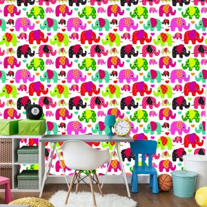 Papier Peint Dans Les Coeurs D'éléphants Colorés Dans La Chambre Des Enfants – Image 4