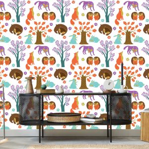 Papier Peint Pour Les Enfants - Animaux De La Forêt Dans Une Forêt Colorée – Image 5