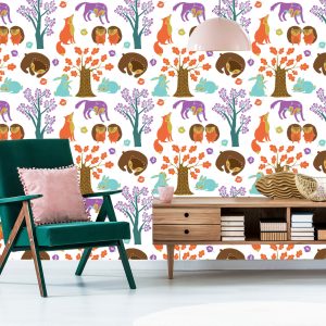 Papier Peint Pour Les Enfants - Animaux De La Forêt Dans Une Forêt Colorée – Image 6