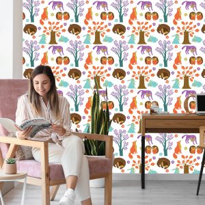 Papier Peint Pour Les Enfants - Animaux De La Forêt Dans Une Forêt Colorée – Image 7