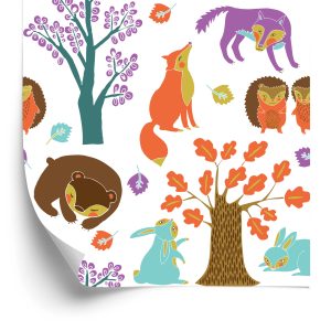 Papier Peint Pour Les Enfants - Animaux De La Forêt Dans Une Forêt Colorée – Image 2