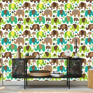 Papier Peint Pour Les Enfants, Les Éléphants, Les Animaux, Les Fleurs, Les Coeurs – Image 5