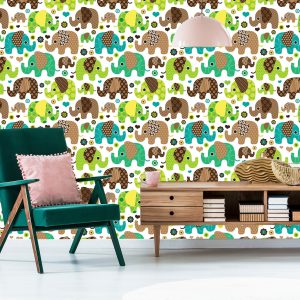 Papier Peint Pour Les Enfants, Les Éléphants, Les Animaux, Les Fleurs, Les Coeurs – Image 6