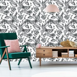 Papier Peint Roses Noires Et Blanches Avec Des Papillons – Image 6