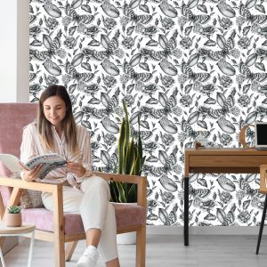 Papier Peint Roses Noires Et Blanches Avec Des Papillons – Image 7