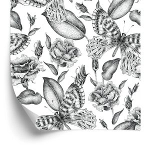 Papier Peint Roses Noires Et Blanches Avec Des Papillons – Image 2