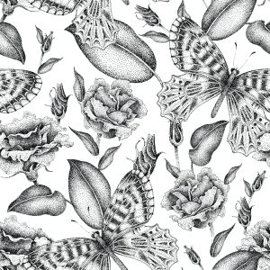 Papier Peint Roses Noires Et Blanches Avec Des Papillons – Image 1